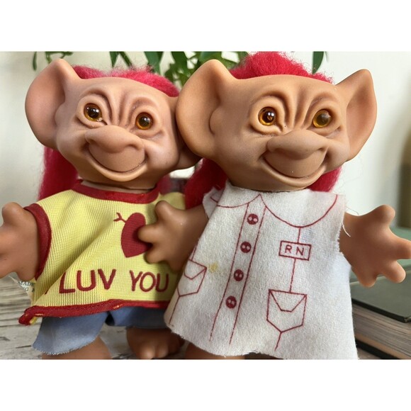 Vintage Uneeda Wishnik 6” Troll Dolls (2) Hong Kong 1966 Long Red Hair & Clothes - Picture 2 of 9